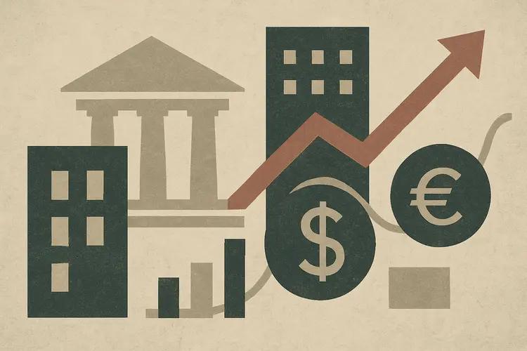 Illustration abstraite représentant des institutions économiques, palette sobre