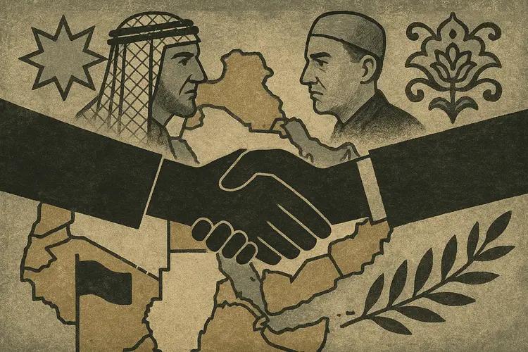 Illustration abstraite de la diplomatie au Moyen-Orient, avec des éléments symboliques tels que des cartes et des motifs culturels.