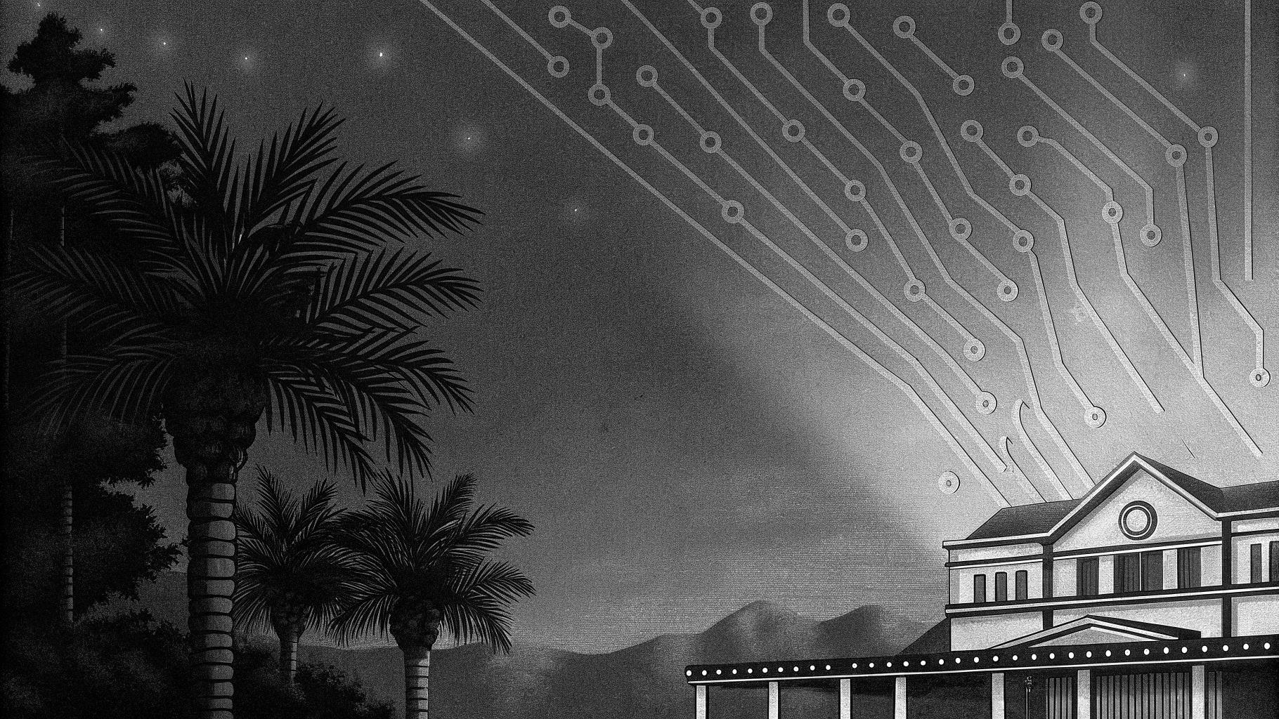 Illustration abstraite opposant l’univers des casinos de Las Vegas aux réseaux numériques de l’intelligence artificielle