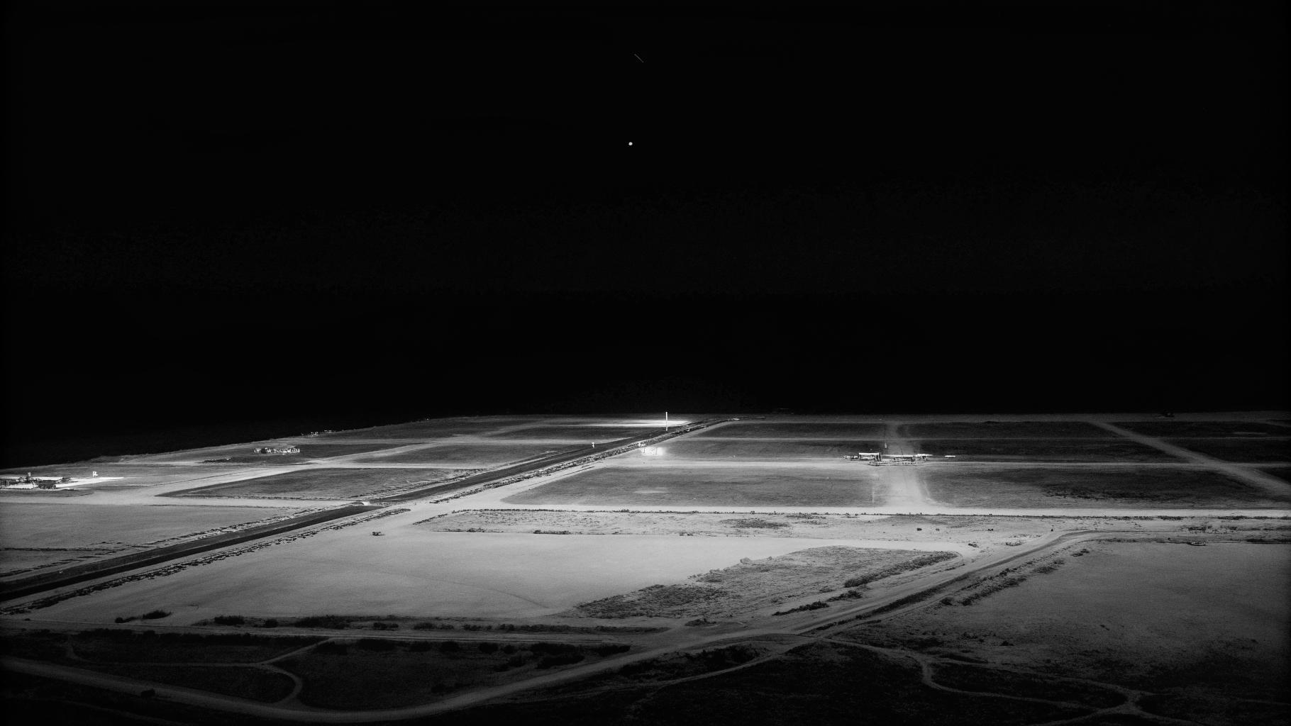 Illustration abstraite d’un aéroport du Golfe sous menace de drones, dans une ambiance sombre et sobre.