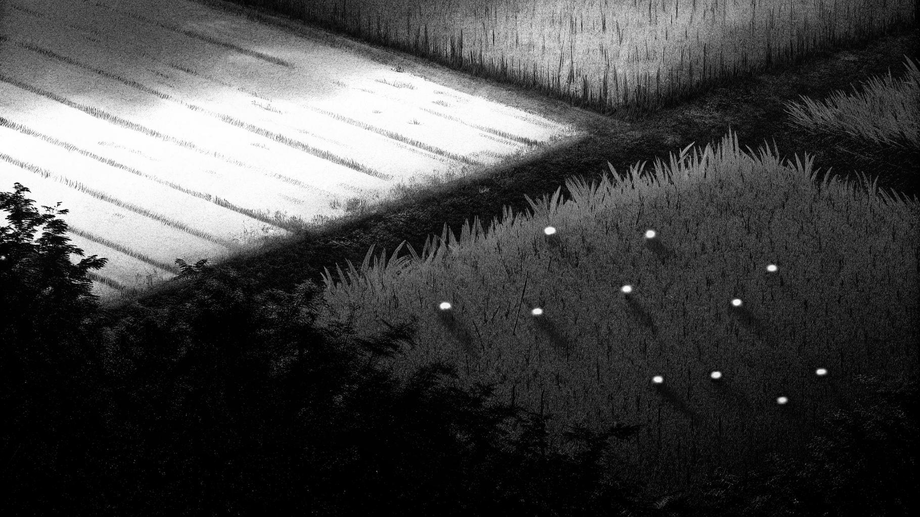 Illustration abstraite d’un champ rural sous ciel couvert, évoquant une enquête en cours