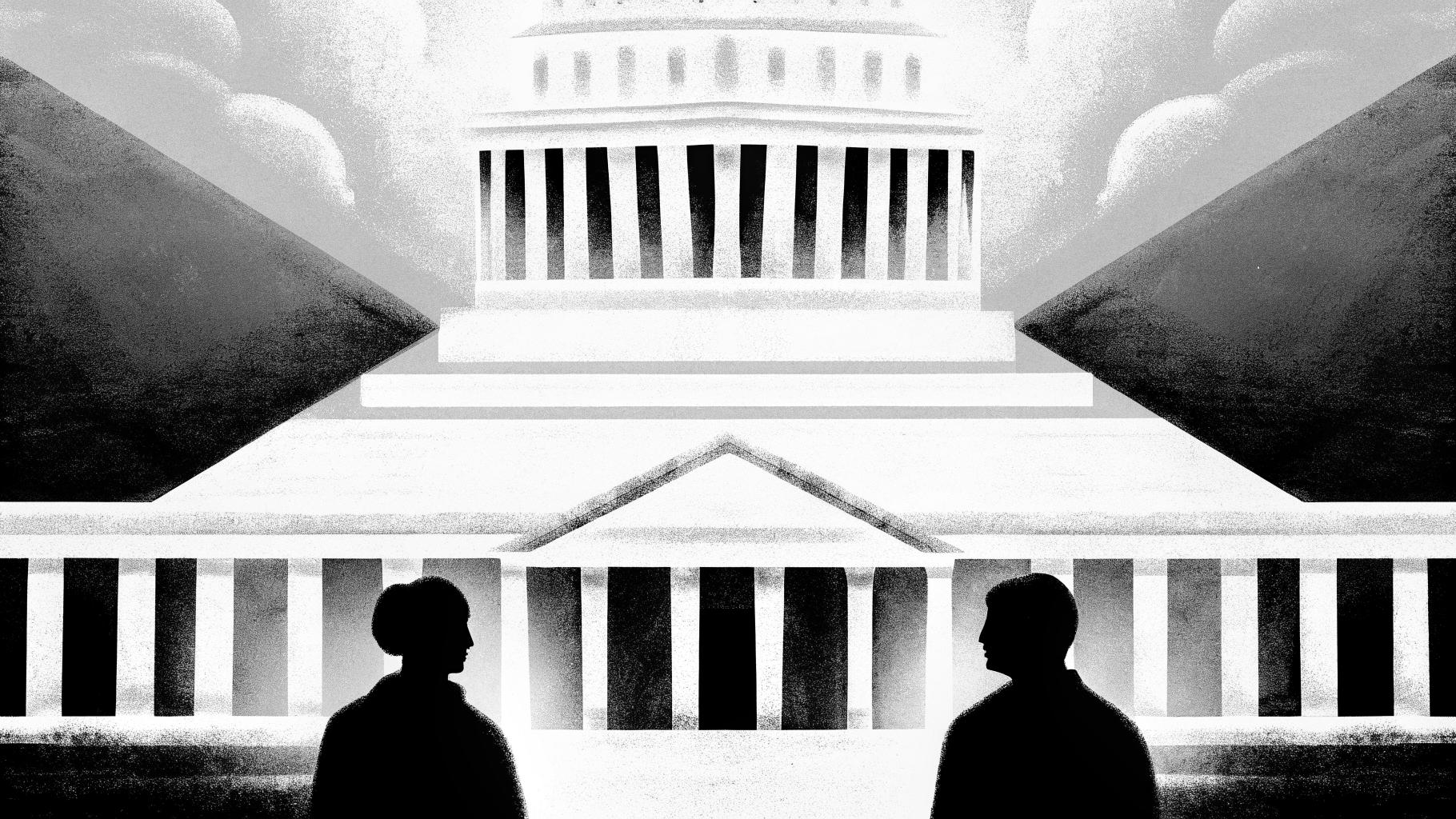 Illustration abstraite d’une scène politique fragmentée convergeant vers une élection présidentielle