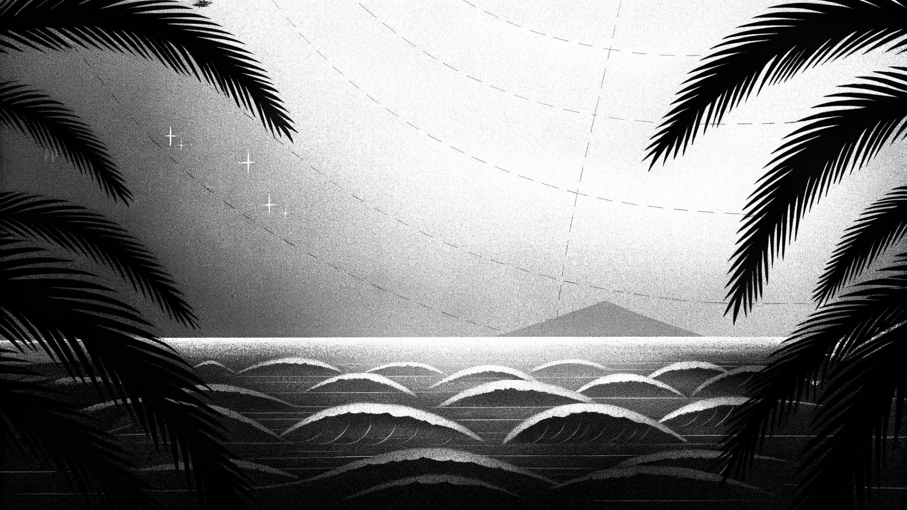 Illustration abstraite d’une frontière maritime entre l’Afrique et les Canaries, avec une mer sombre et une île au loin