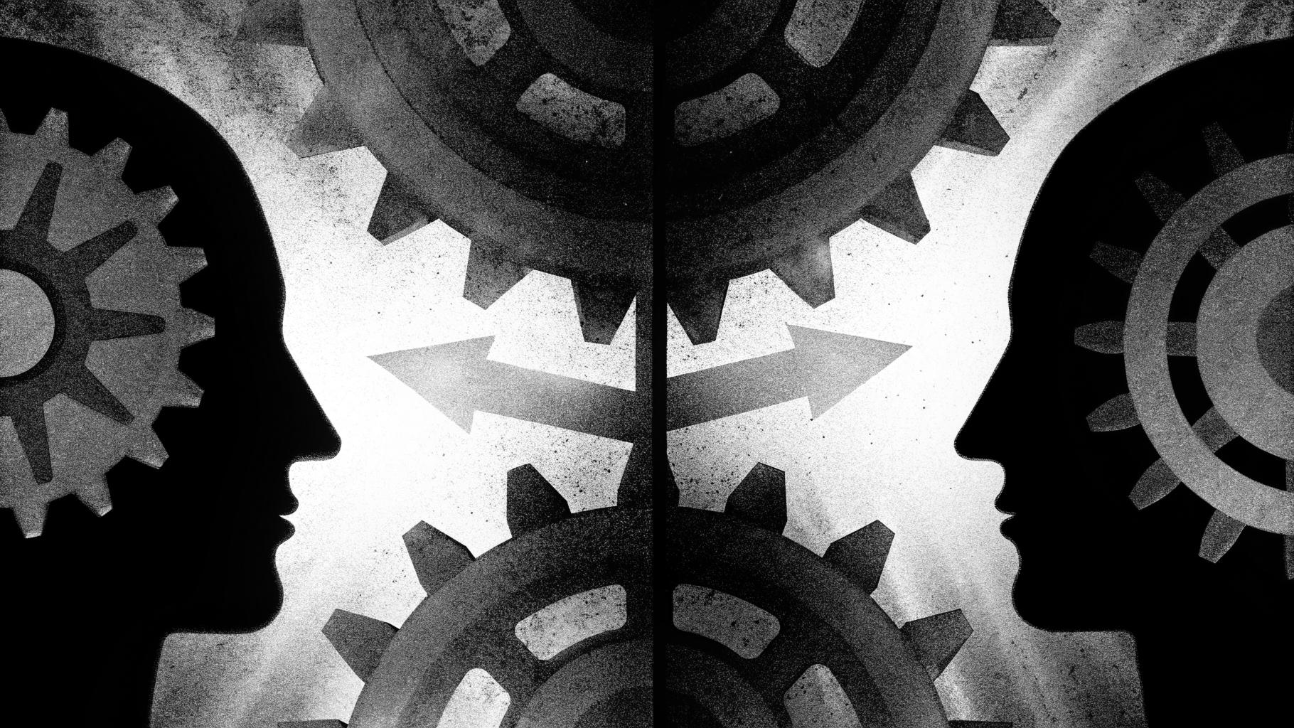 Illustration abstraite de deux machines politiques opposées se faisant face dans des couleurs sobres.