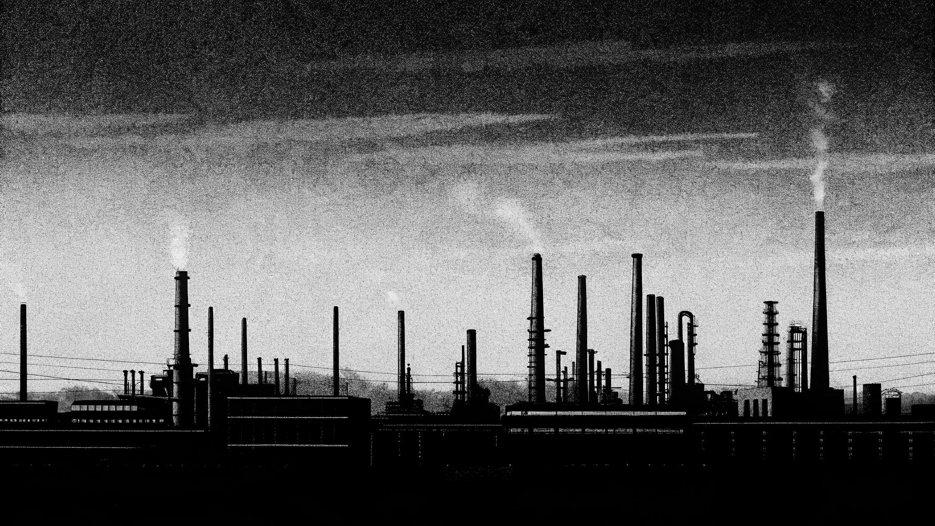Vue abstraite d’installations industrielles frappées de loin, avec fumée discrète et ambiance sobre.