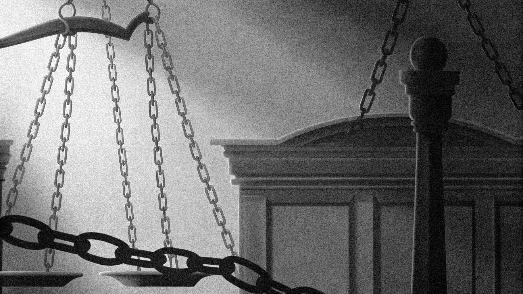Illustration abstraite montrant un système judiciaire fragmenté, avec des chaînes brisées et une silhouette de tribunal sombre, style presse sérieuse, sans texte ni logo, palette sobre, format paysage 3:2