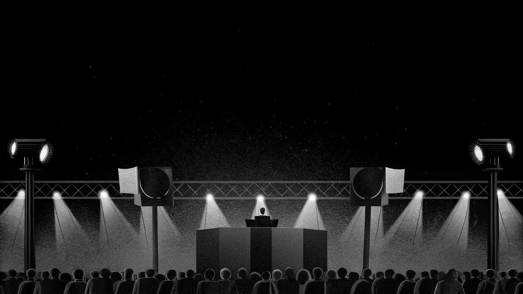 Illustration abstraite d’un meeting politique avec silhouettes de foule et éclairage de scène, dans une palette sobre.