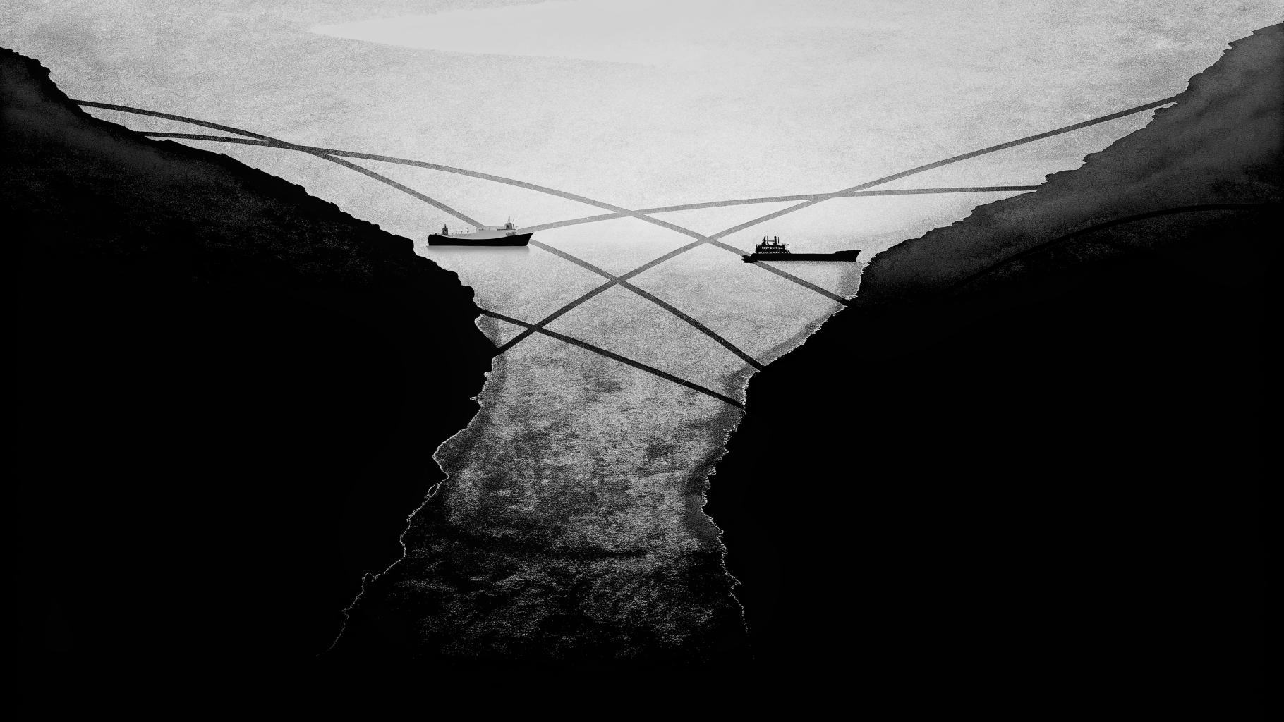 Illustration abstraite d’un détroit maritime stratégique avec navires et tensions géopolitiques