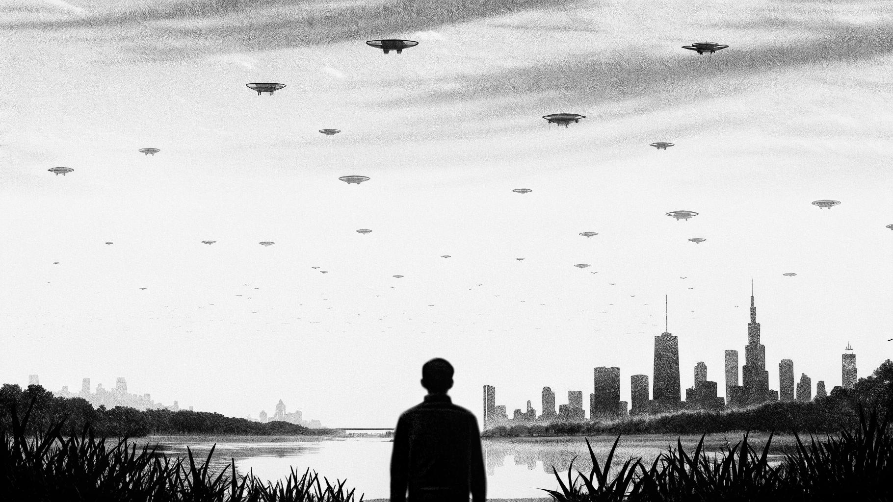 Illustration abstraite de drones approchant une skyline urbaine la nuit, style presse sérieuse, sans texte ni logo, palette sobre, format paysage