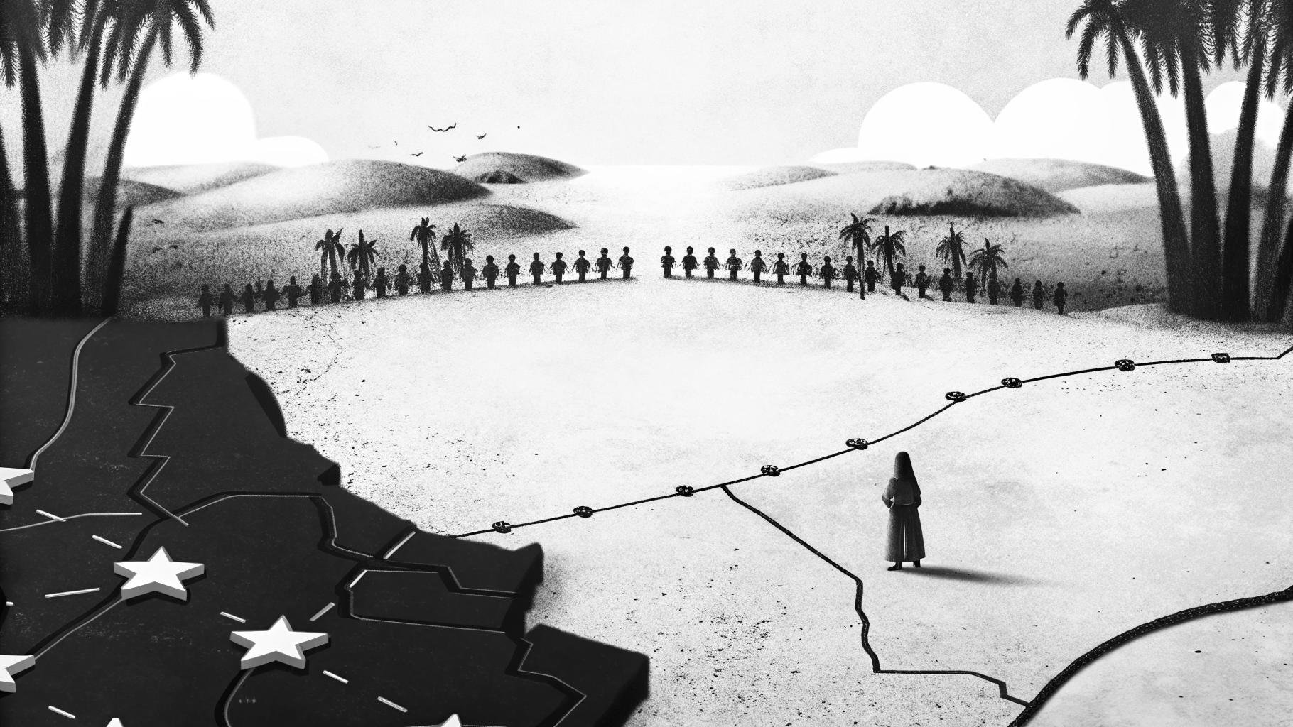 Illustration abstraite en palette sobre représentant la tension géopolitique entre les États arabes et l'Iran, avec des éléments symboliques comme des cartes et des silhouettes