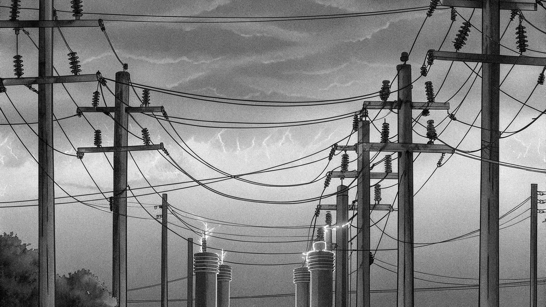 Illustration abstraite d'un réseau électrique sous tension face à une chaleur extrême, avec des câbles lumineux et des ombres sombres, palette sobre, format paysage