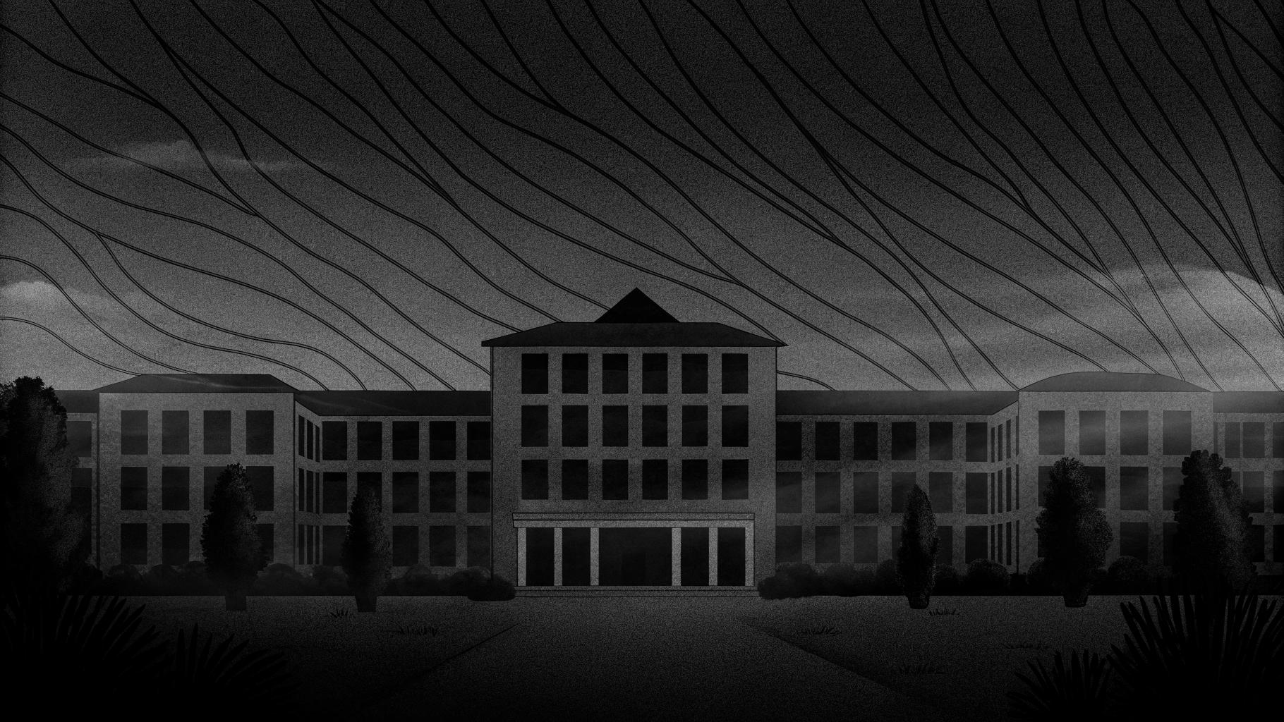 Illustration abstraite d'un hôpital sous une chaleur extrême, avec des vagues de chaleur montant d'un bâtiment en silhouette, palette sobre de gris et orange, format paysage 3:2