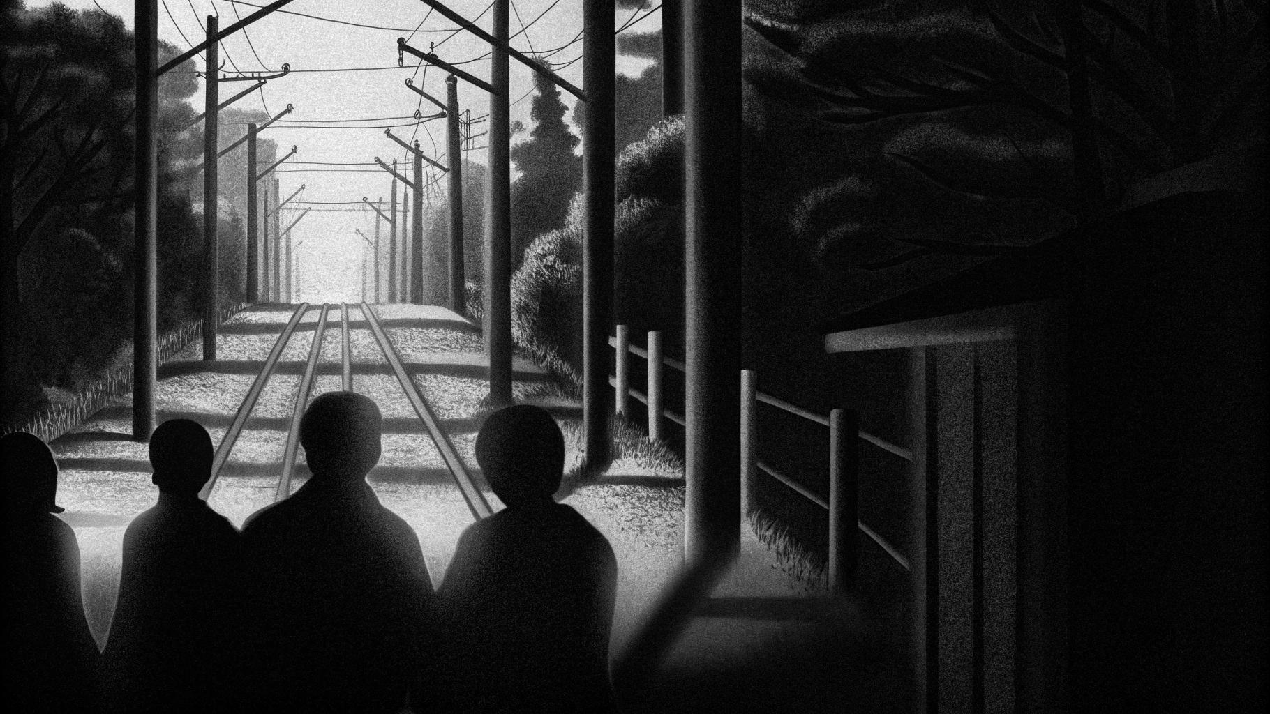 Illustration abstraite de la canicule en France, montrant des silhouettes de personnes dans des caves, des tramways et des funéraires avec des tons chauds orange et rouge, sans texte, sans logos, sans visages reconnaissables, format paysage 3:2, styl