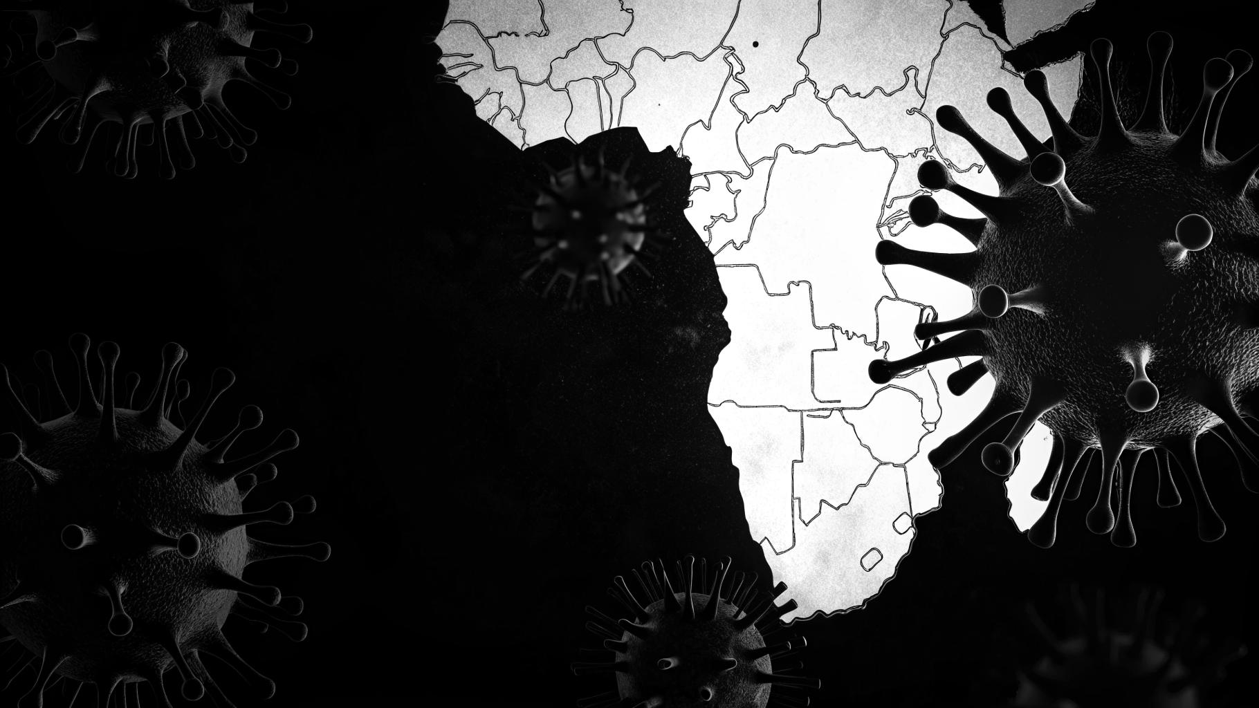 Illustration abstraite montrant un virus se propageant sur une carte fragmentée de l'Afrique, avec des tons rouge sombre et noir, sans texte ni logo