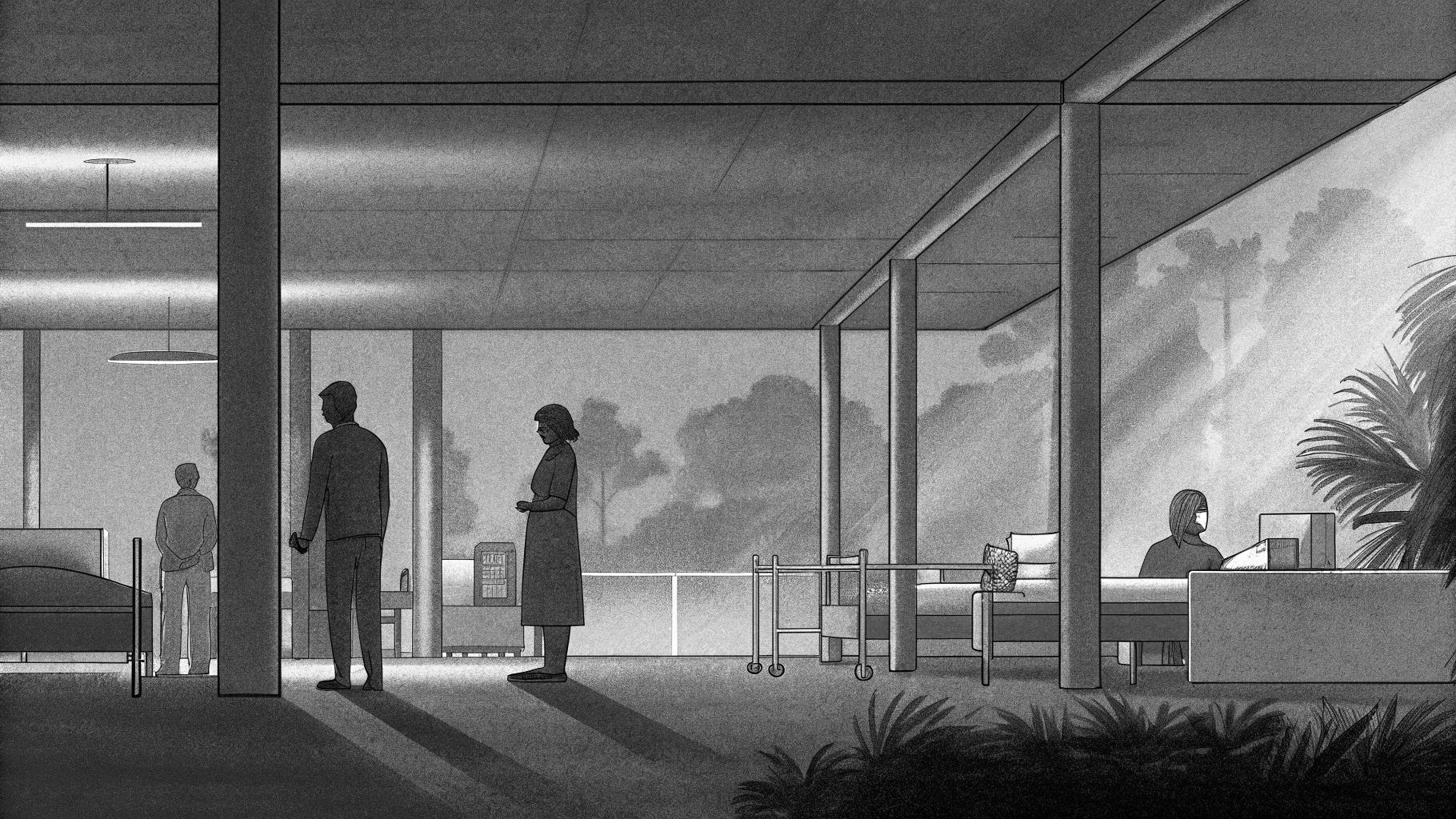 Illustration abstraite d'une salle des urgences hospitalière sous l'effet de la chaleur, avec des silhouettes de soignants et de patients, sans texte, sans logo, sans visage reconnaissable, palette sobre, format paysage 3:2