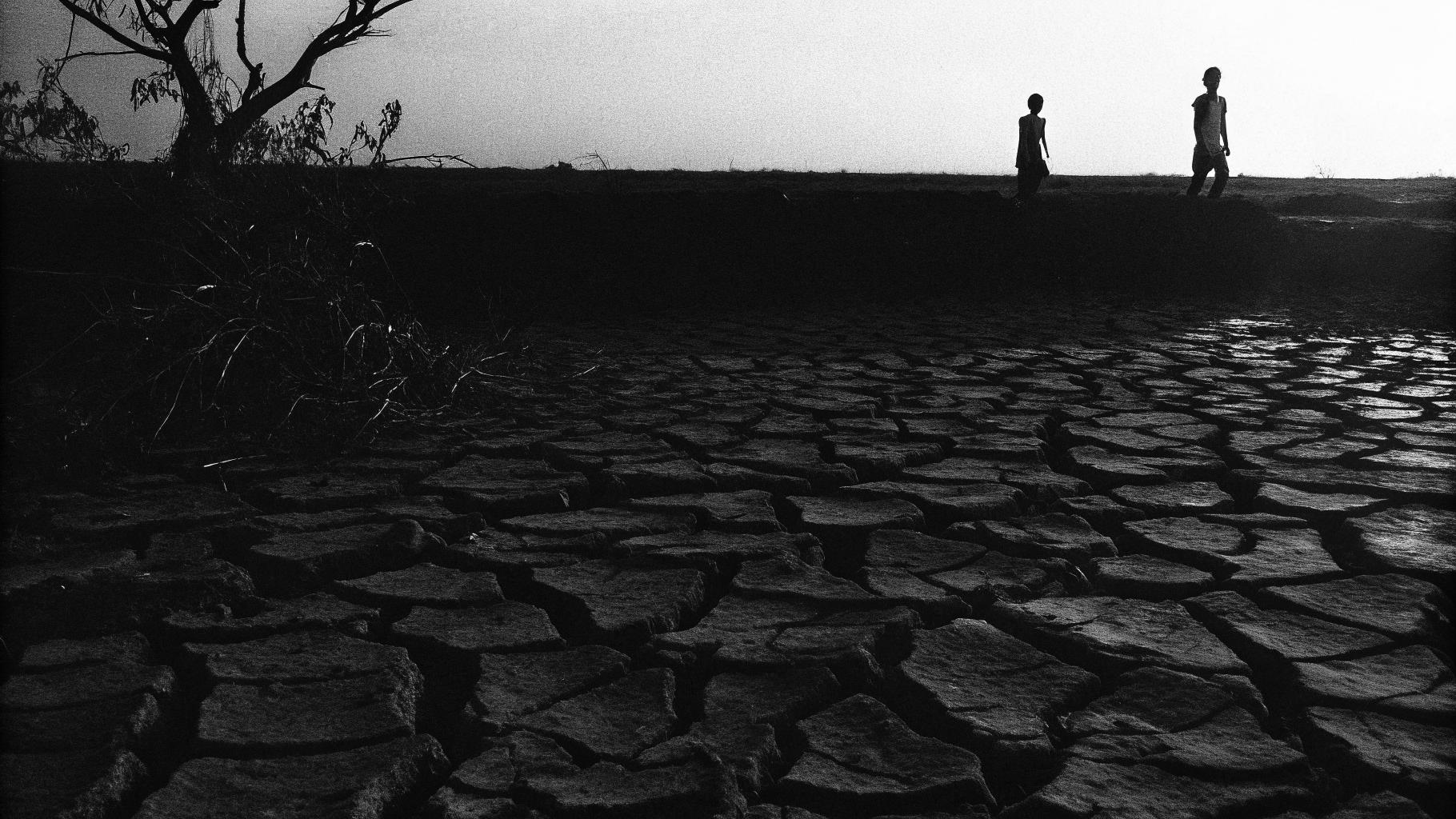 Illustration abstraite d’un paysage fracturé sous une chaleur extrême, avec des silhouettes de personnes en difficulté face à la montée des températures, sans texte, sans logo, sans visage reconnaissable, palette sobre, format paysage 3:2